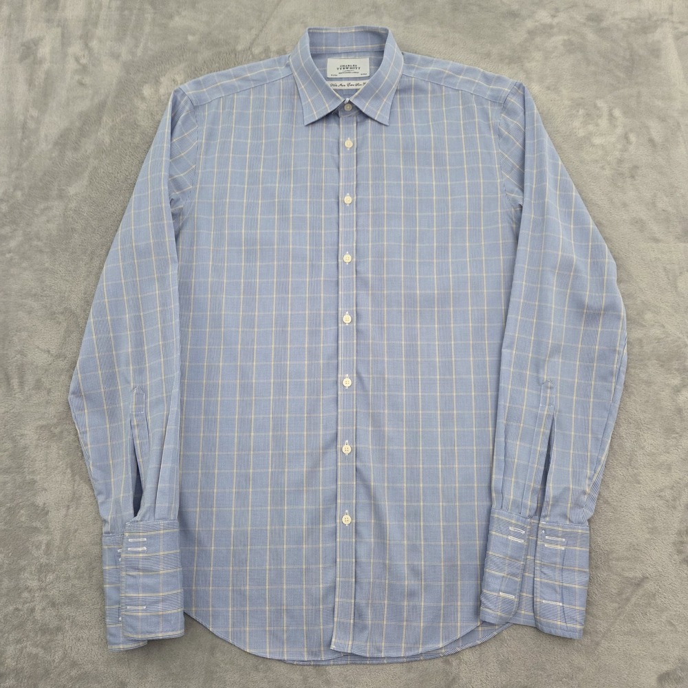 Charles Tyrwhitt Dress Shirt 16.5 32 Ex Slim Fit Non Iron Blue Plaid French Cuff